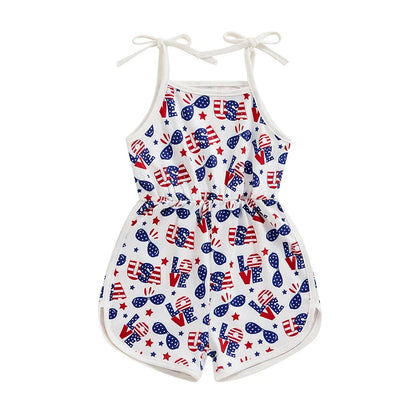18MO-5T Girls Jumpsuit Tie-up Spaghetti Straps Stars Print Romper 4th of July
