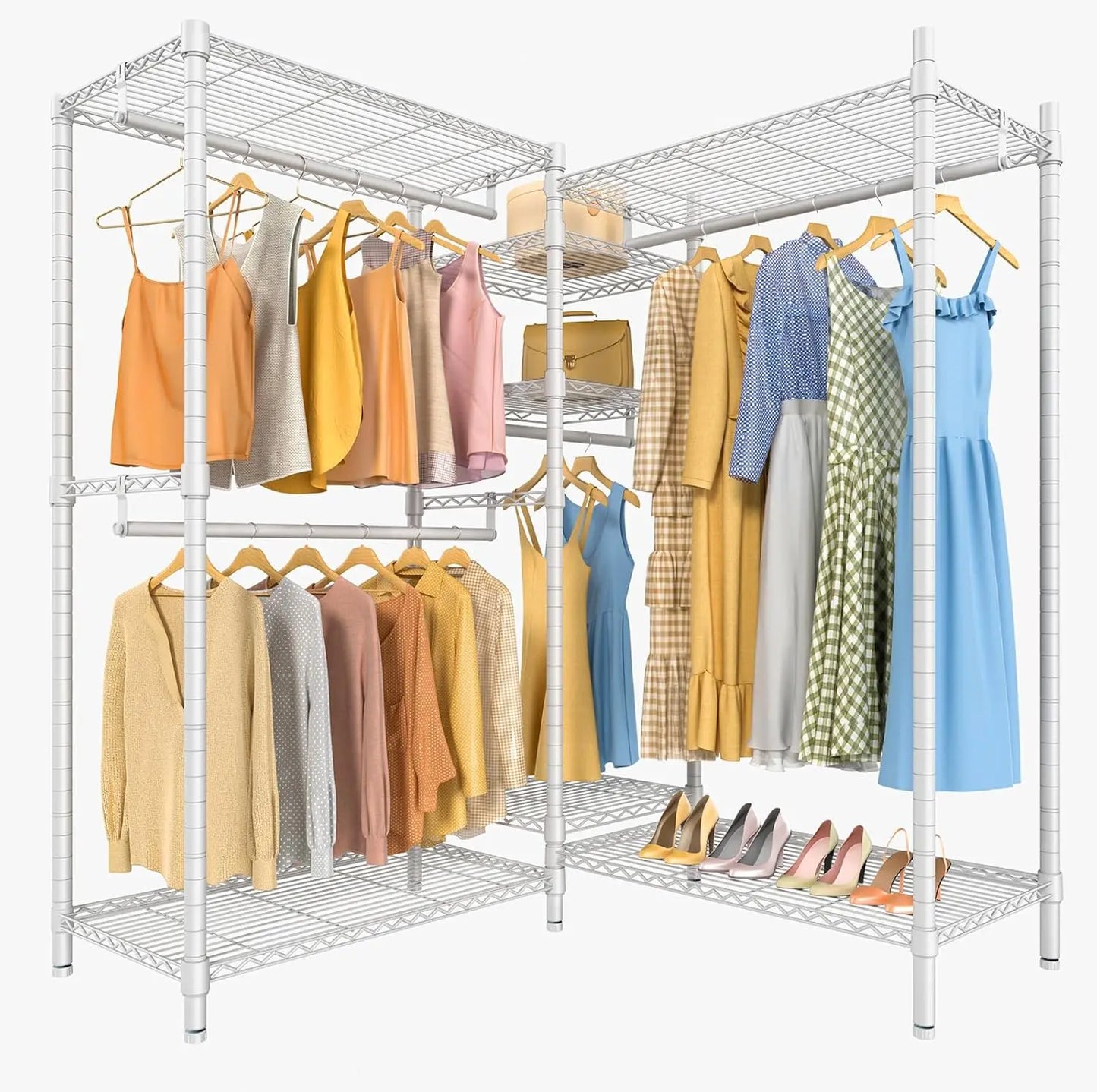 L Shaped Clothes Rack Heavy Duty Clothing Rack for Corner, 5-Tier Wire Garment Racks