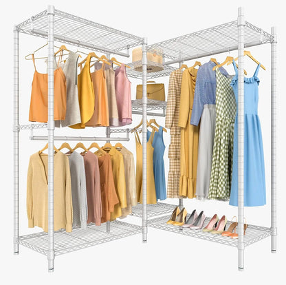 L Shaped Clothes Rack Heavy Duty Clothing Rack for Corner, 5-Tier Wire Garment Racks