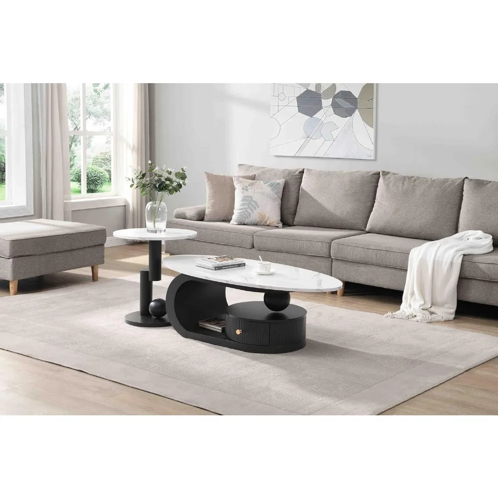 2-Piece Modern Oval Decorative Coffee Center Table with White Faux Marble Top