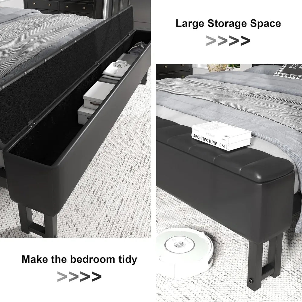 King Size Bed Frame with Star Projector & Charging Station, Headboard