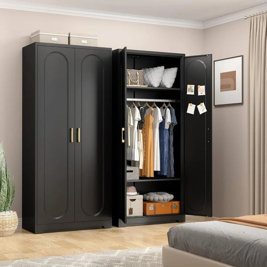 71'' Wardrobe Cabinet w/Doors & Hanging Rod, Metal Closet with 2 Adjustable Shelves