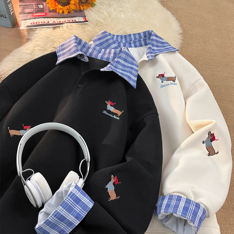 Unisex Plaid Patchwork Fake Two Sweatshirt, College Style Puppy Embroidery, POLO Collar