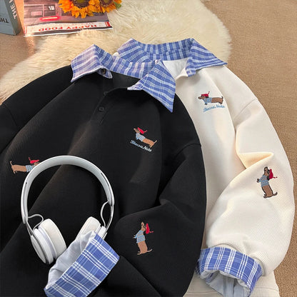 Unisex Plaid Patchwork Fake Two Sweatshirt, College Style Puppy Embroidery, POLO Collar