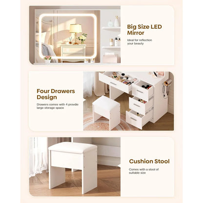 Makeup Vanity  35.4'Wx15.7'Dx53.9'H (Smart LED Mirror, Open Shelves, with Cushion Stool, 4 Drawers, Hairdryer Rack,