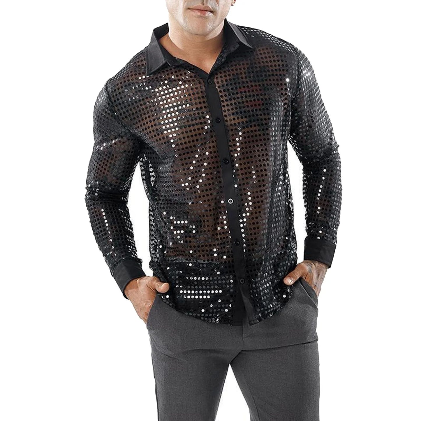 Glitter Sequin Shirt, Men's Long Sleeved Performance Wear, 70s Disco, Lapel Neck, Slimming Sparkle Compression Shirts With Button