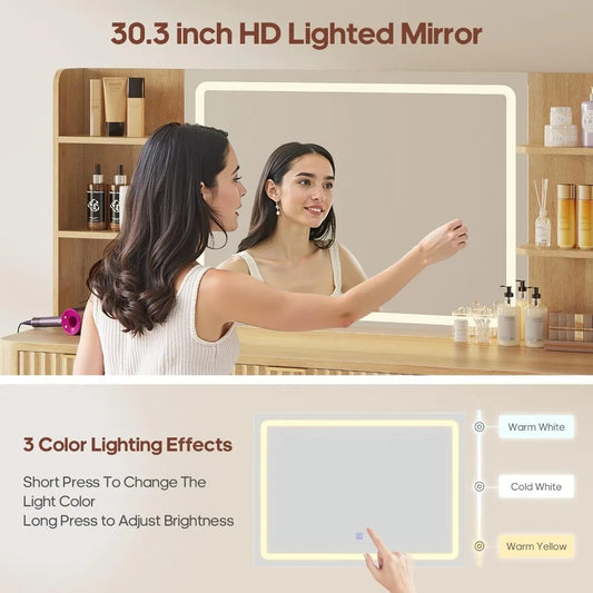 51.2" Vanity/Desk with Large 30.3" Mirror and Lights, 5 Drawer with Power Strip, 6 Open Shelves, 2 Cabinet