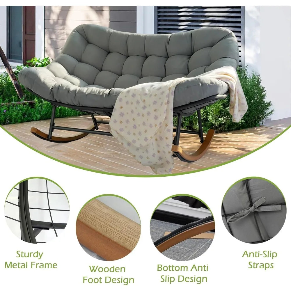Double Papasan Patio Rocking Chair with Thick Cushions, 660LBS Capacity