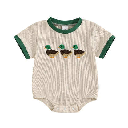 3-18 MO Baby Unisex Romper, Short Sleeve, Crew Neck, Duck Embroidery
