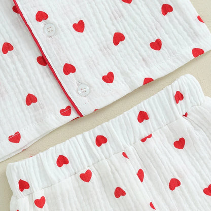 6MO-4T Girl Valentine‘s Day Heart Button Down Short Sleeve Sleepwear Loungewear Pjs Set