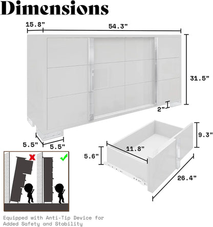 54" Wide High Gloss Dresser with 6 Drawers, Silver Grooved Handle, Contemporary Storage Chest