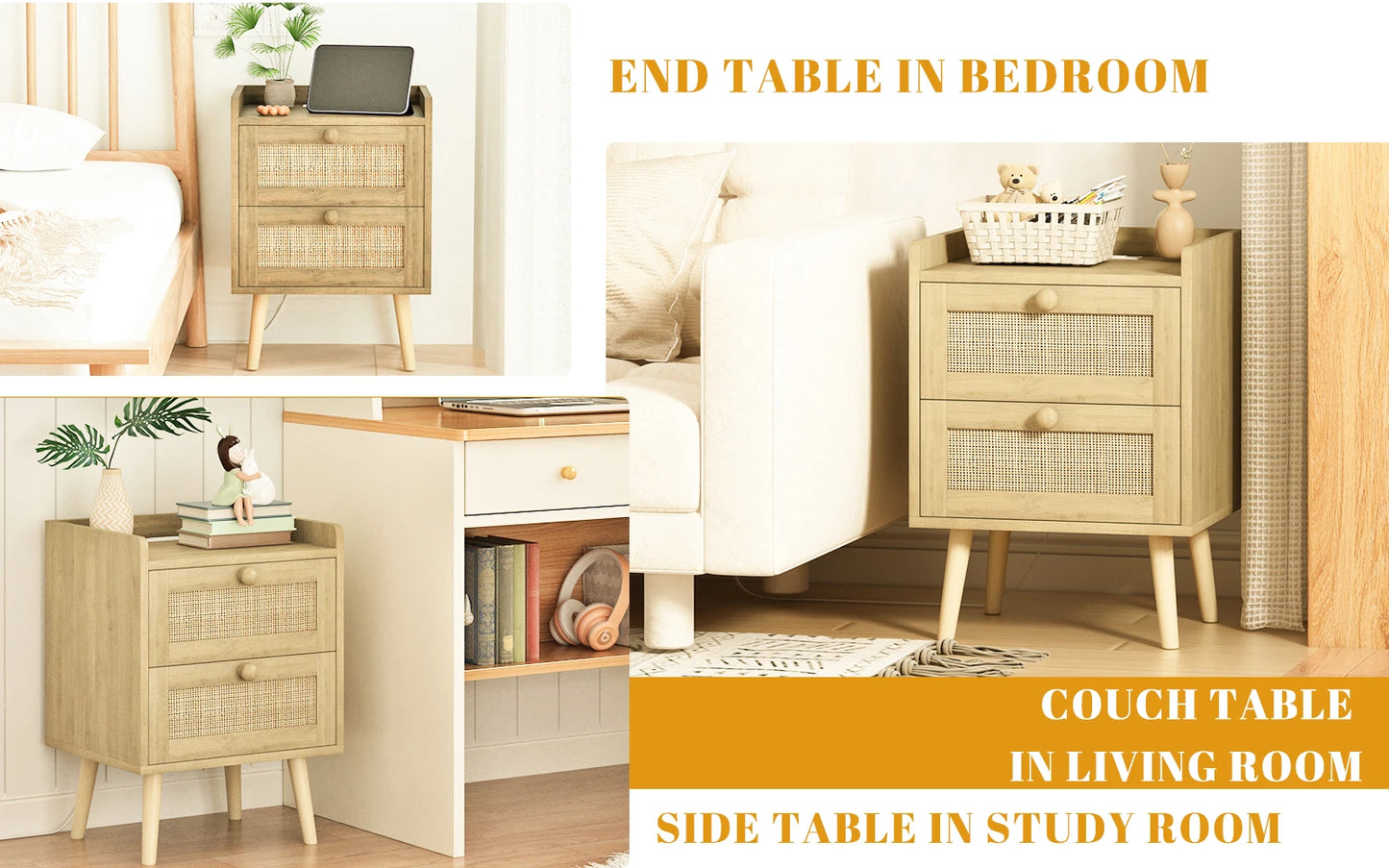 Rattan Nightstand with Charging Station, with 2 Drawers, Natural