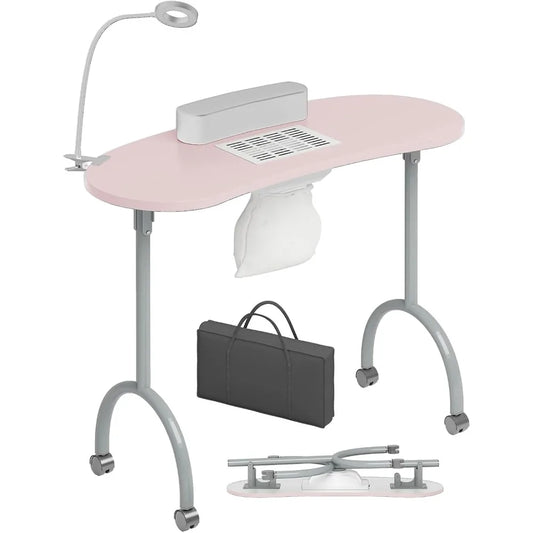 Foldable Manicure Table with Dust Collector Fan, LED Lamp, 4 Lockable Wheels and Carry Bag
