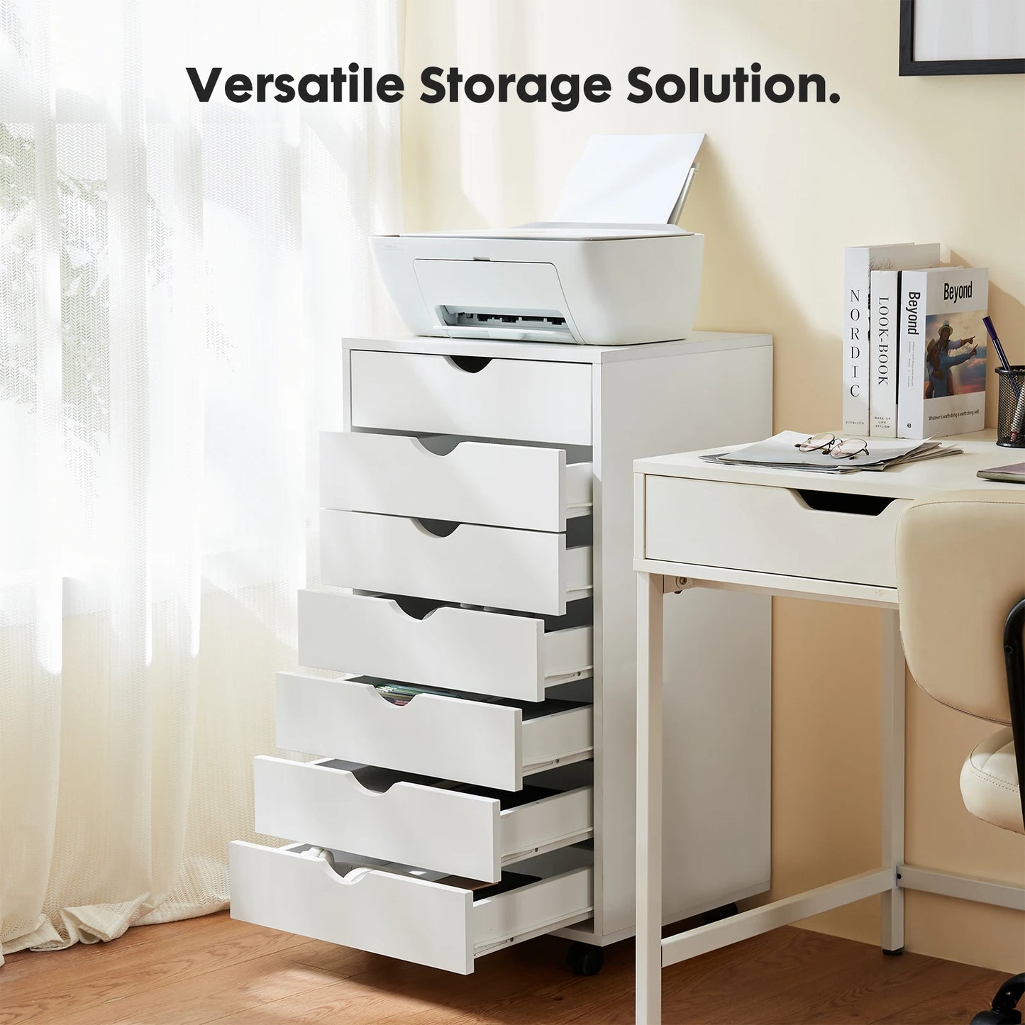 7 Drawer Chest Storage Cabinet, Wooden File Office, Mobile Cabinet on Wheels