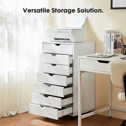 7 Drawer Chest Storage Cabinet, Wooden File Office, Mobile Cabinet on Wheels