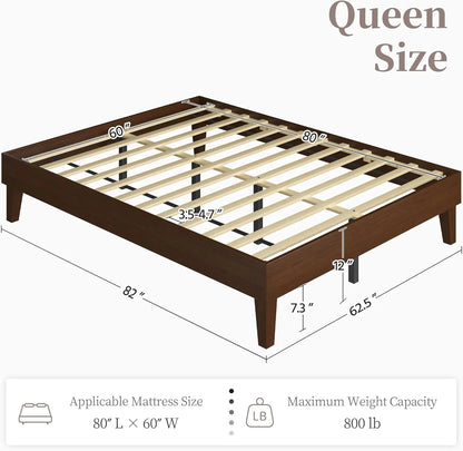 Natural Solid Wood Platform Bed with Wooden Slats Support, 12-inch Underbed Space for Storage