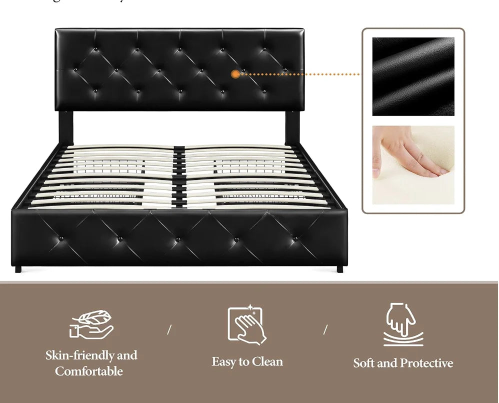 Faux Leather Queen Size Upholstered Bed Frame with 4 Drawers and Adjustable Headboard