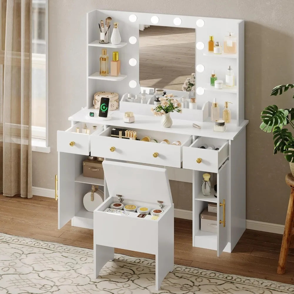 Makeup Desk with Mirror & Lights: Charging Station, 3 Drawers & Stool