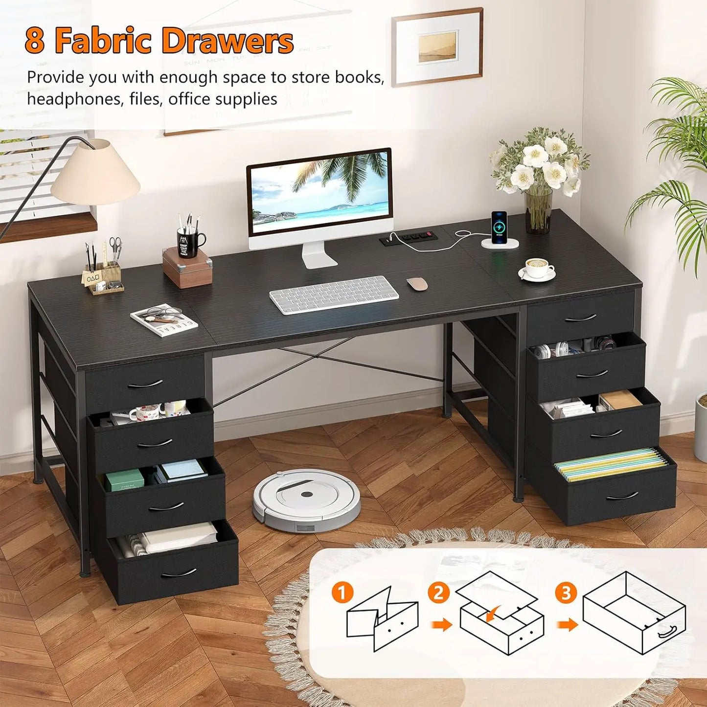 60 Inch Computer Desk with 8 Drawers, Power Outlets
