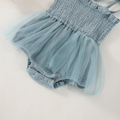0-18M 2Pcs Summer Newborn Infant Girls, Ruffles Lace-Up Pleated Mesh Loose Romper+Hairband