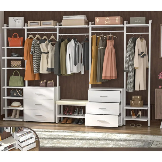 Clothing Rack Heavy Duty Closet System Organizer, 8FT Large Wall Mounted Garment Rack with 6-Drawers