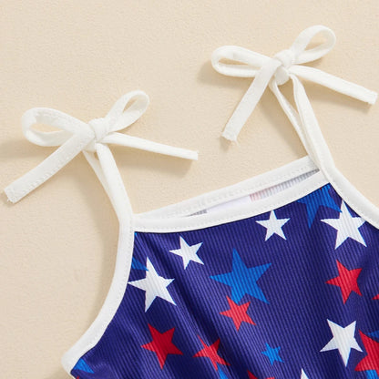 18MO-5T Girls Jumpsuit Tie-up Spaghetti Straps Stars Print Romper 4th of July