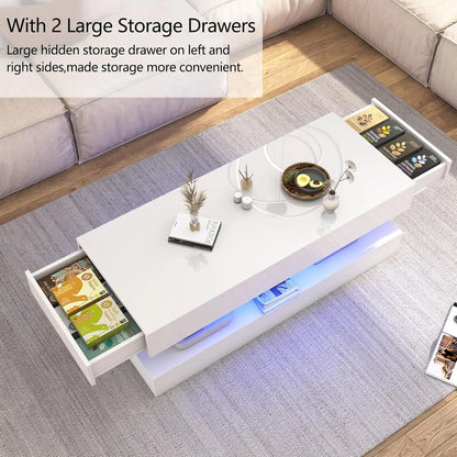 Modern Stylish Coffee Table with 2 Storage Drawers and LED lights