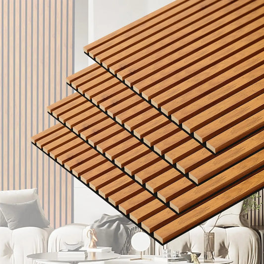 4 Pack Sound Absorbing 3D Slat Acoustic Wall Panels with Wood Finish Accent for Studio, Office, Living Room