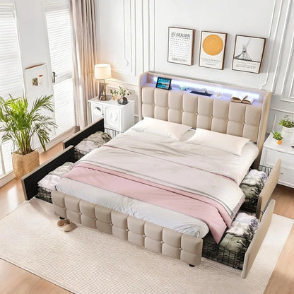Multiple Color LED Bed Frame with Charging Station, Featuring 2-Tier Headboard, 4 Storage drawers
