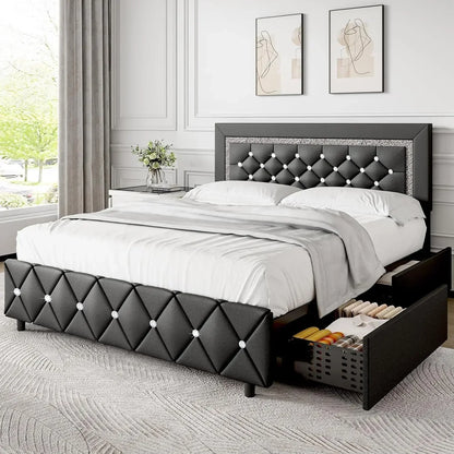 Platform Bed with Diamond Headboard and Footboard with LED, Storage Drawers