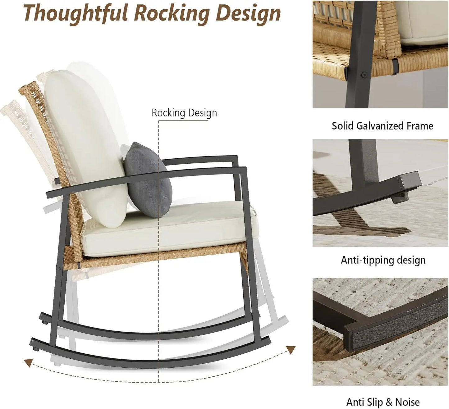 Set of 2 Outdoor Rocking Chair Bistro Set with Tempered Glass Coffee Table and Thick Lumbar Pillow