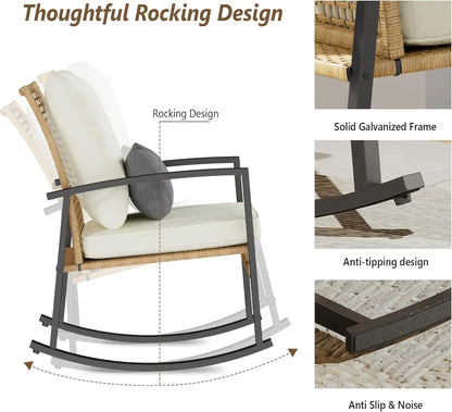 Set of 2 Outdoor Rocking Chair Bistro Set with Tempered Glass Coffee Table and Thick Lumbar Pillow
