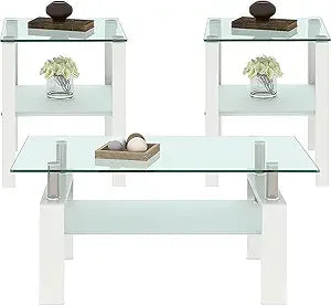 3 Piece Black Glass Table Set, Including 1 Coffee Table and 2 End Side Tables