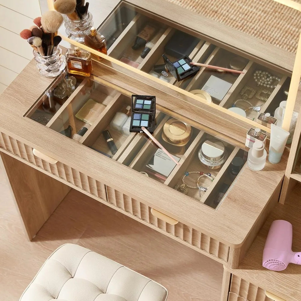 43.5'' Vanity Desk with Mirror and Lights, with 6 Drawers and Adjustable Shelves, Glass Top