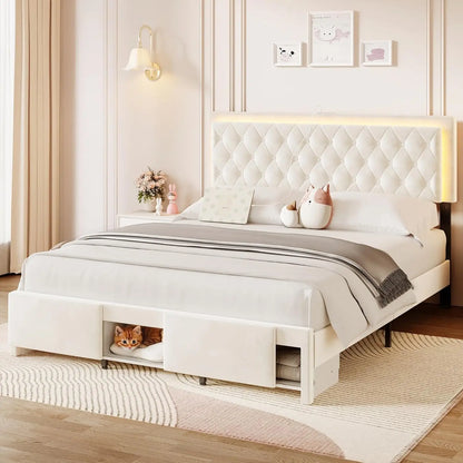 Queen Size Bed Frame with Storage, LED, Adjustable Headboard, Upholstered Velvet