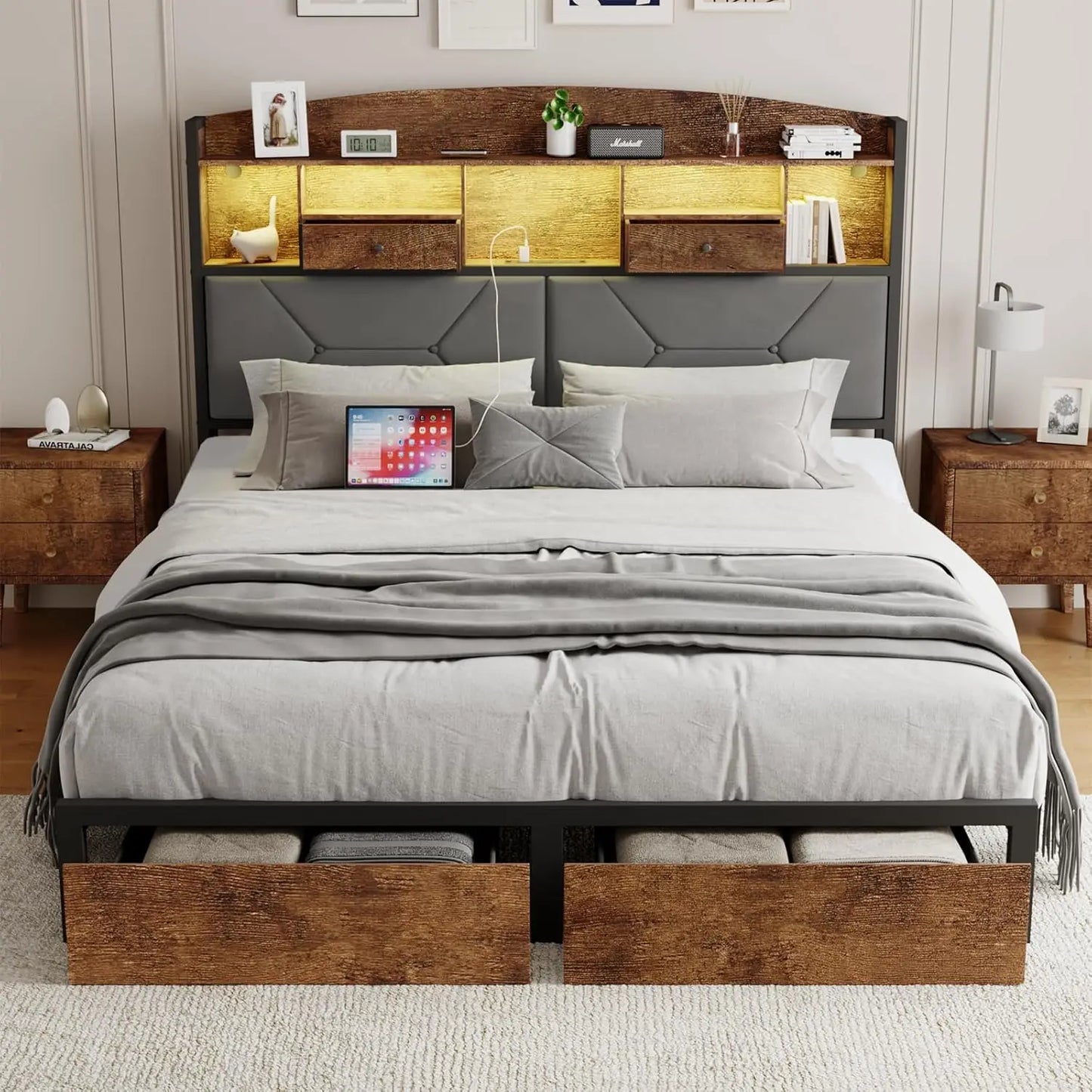 Full Size Bed Frame with 4 Storage, Velvet Upholstered with Button Tufted Headboard Led Lights