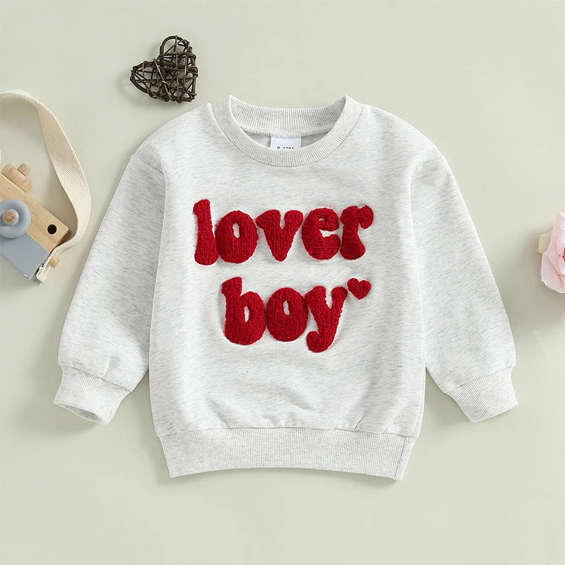 Toddler/Baby Boys Valentine's Day Sweatshirts, Long Sleeve, Crew Neck, Letter Embroidery