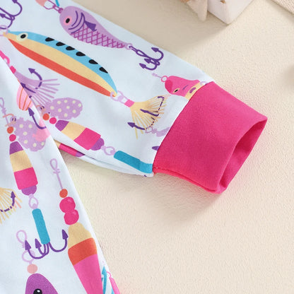 0-12MO Baby Boys Autumn Casual Romper, Long Sleeve Crew Neck, Fish Print, Oblique Zipper Jumpsuit