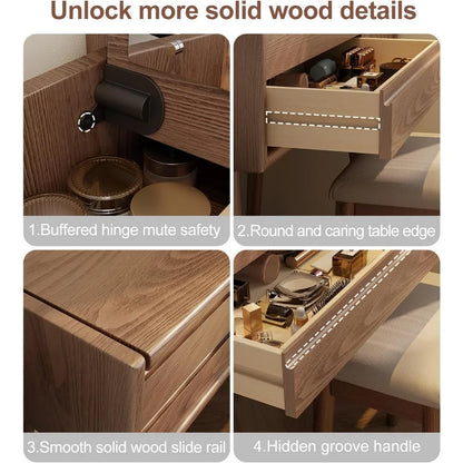 Wood Vanity/Desk with Mirror and Lights, Set 4 Drawers