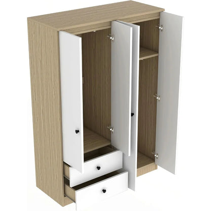 4-Door White Wooden Armoire Wardrobe Closet with 2 Drawers and 2 Hanging Rods