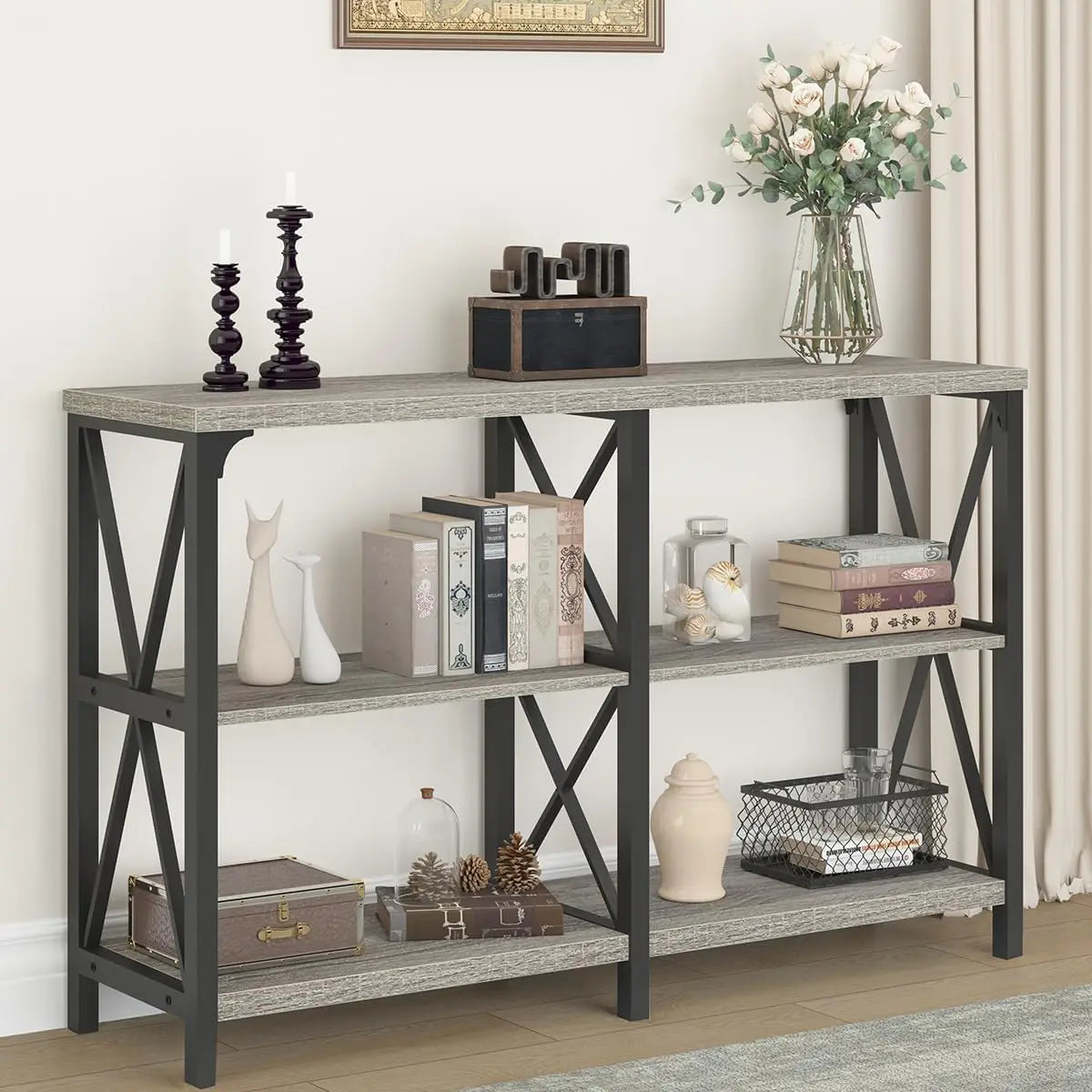 Modern Rustic 3 Tier Industrial Metal Wood Entry Table with Storage Shelves,