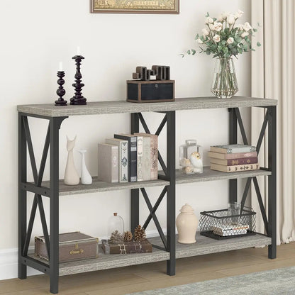 Modern Rustic 3 Tier Industrial Metal Wood Entry Table with Storage Shelves,