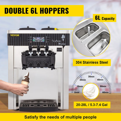 VEVOR Soft Ice Cream Machines 18-28L/H Commercial Sorbet Coolers Tricolor Desktop Sweet Cone Freezing Equipment Vending Machine