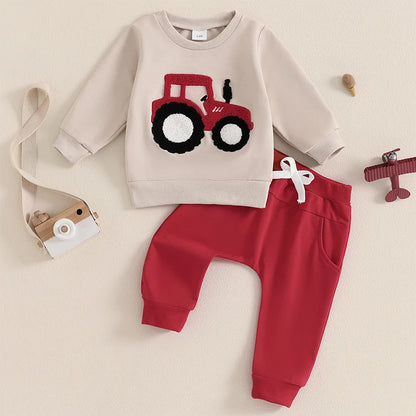 3-36 MO Boy Outfit, Tractor Embroidery Long Sleeve Sweatshirt with Solid Long Pants
