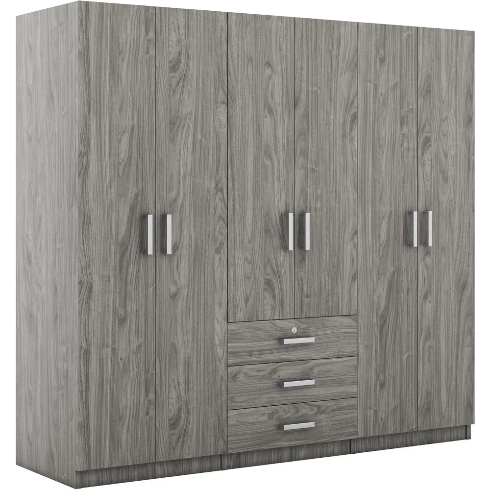 "Spacious 6-Door Armoire Wardrobe with Ample Drawers, Hanging Space and Shelves for Bedroom Storage"