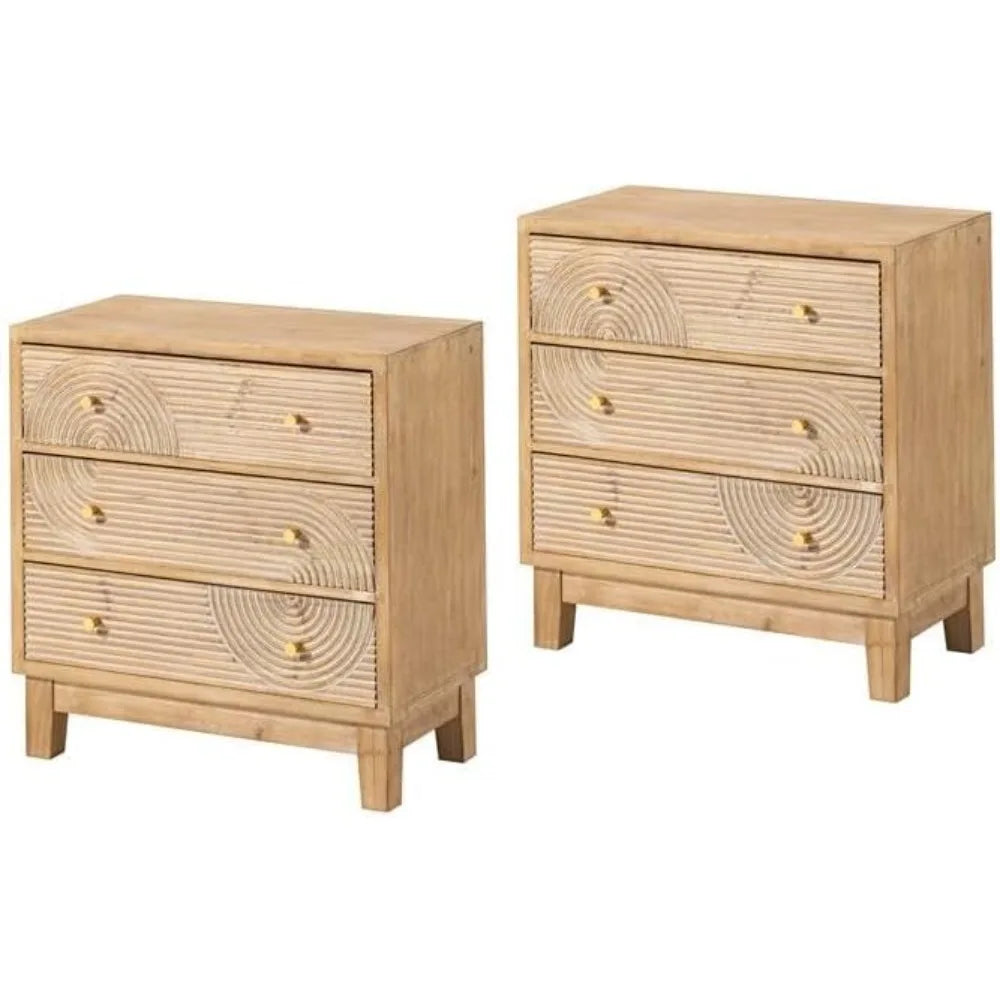Set of 2 3-Drawer Fully Assembled Nightstands with Handicraft Wood Ring Motif