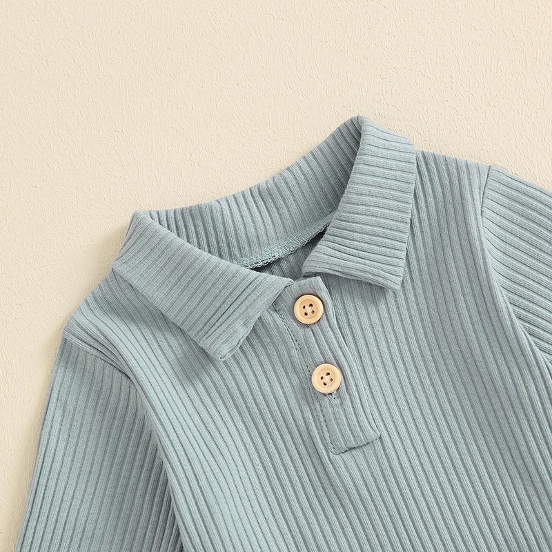 Autumn Infant Baby Boys Ribbed Set, Button Long Sleeve Romper, Drawstring Pocket Trousers