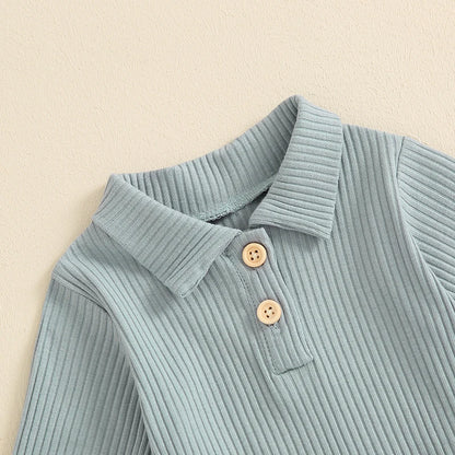 Autumn Infant Baby Boys Ribbed Set, Button Long Sleeve Romper, Drawstring Pocket Trousers