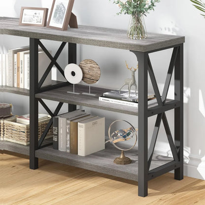 Modern Rustic 3 Tier Industrial Metal Wood Entry Table with Storage Shelves,