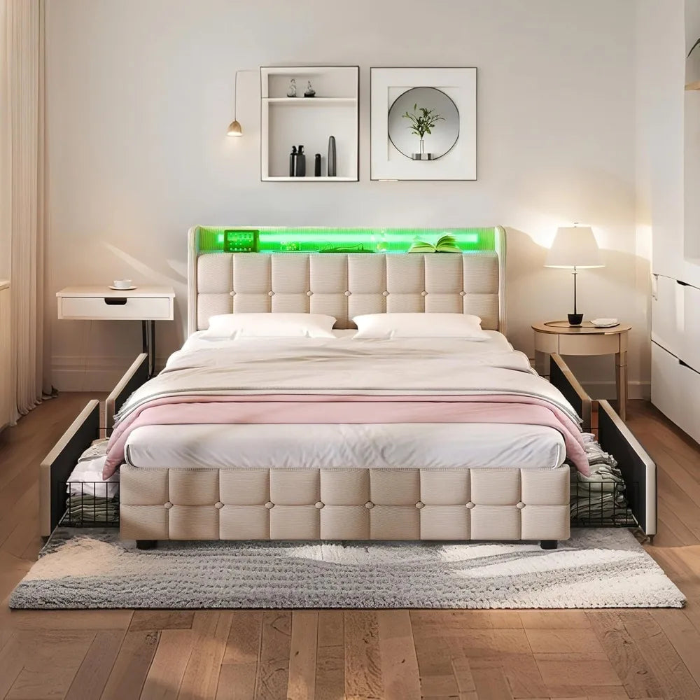 Multiple Color LED Bed Frame with Charging Station, Featuring 2-Tier Headboard, 4 Storage drawers
